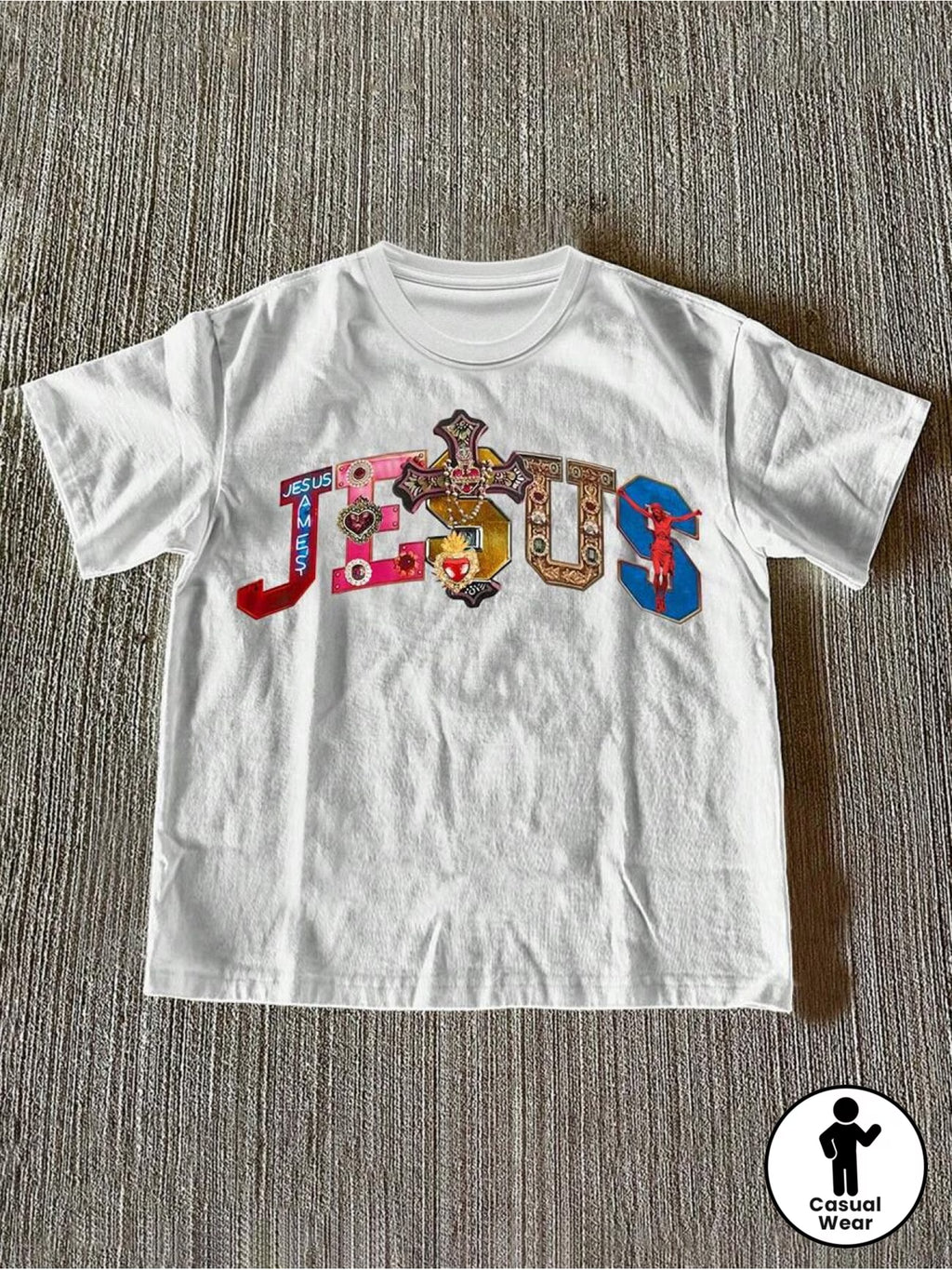 Casual Cross& Letter Print Round Neck T-Shirt