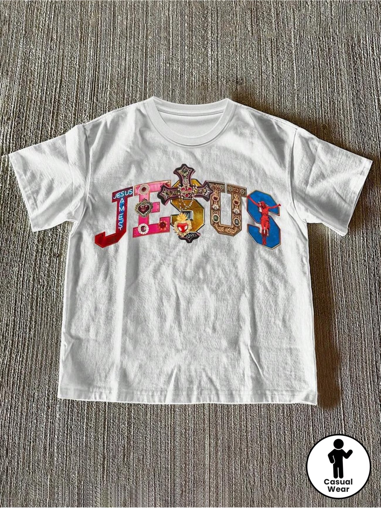 Casual Cross& Letter Print Round Neck T-Shirt