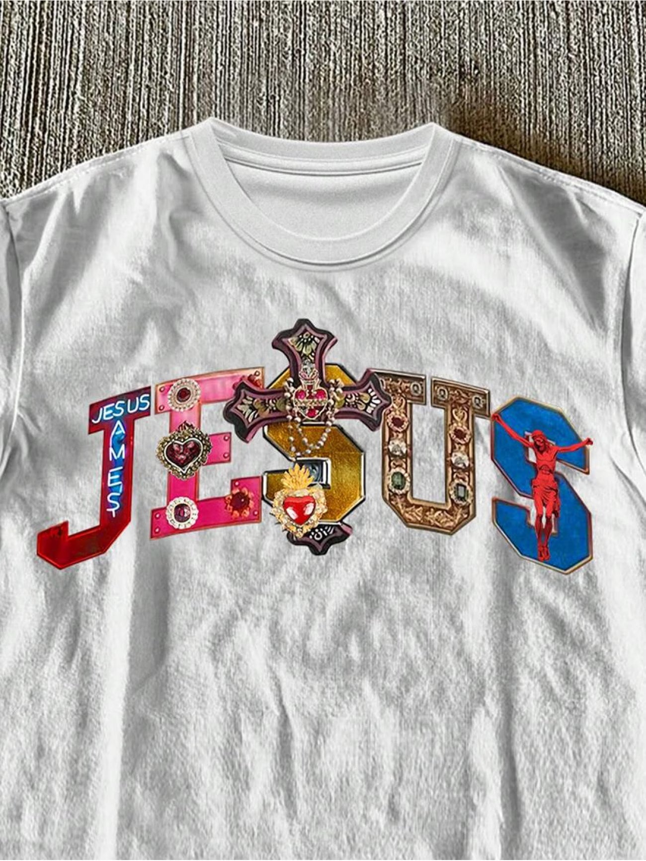 Casual Cross& Letter Print Round Neck T-Shirt